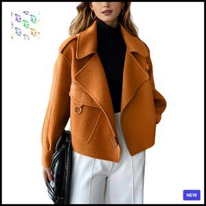 Wool Blend Blazer Jacket Open Front Loose Fit Business Casual Chic